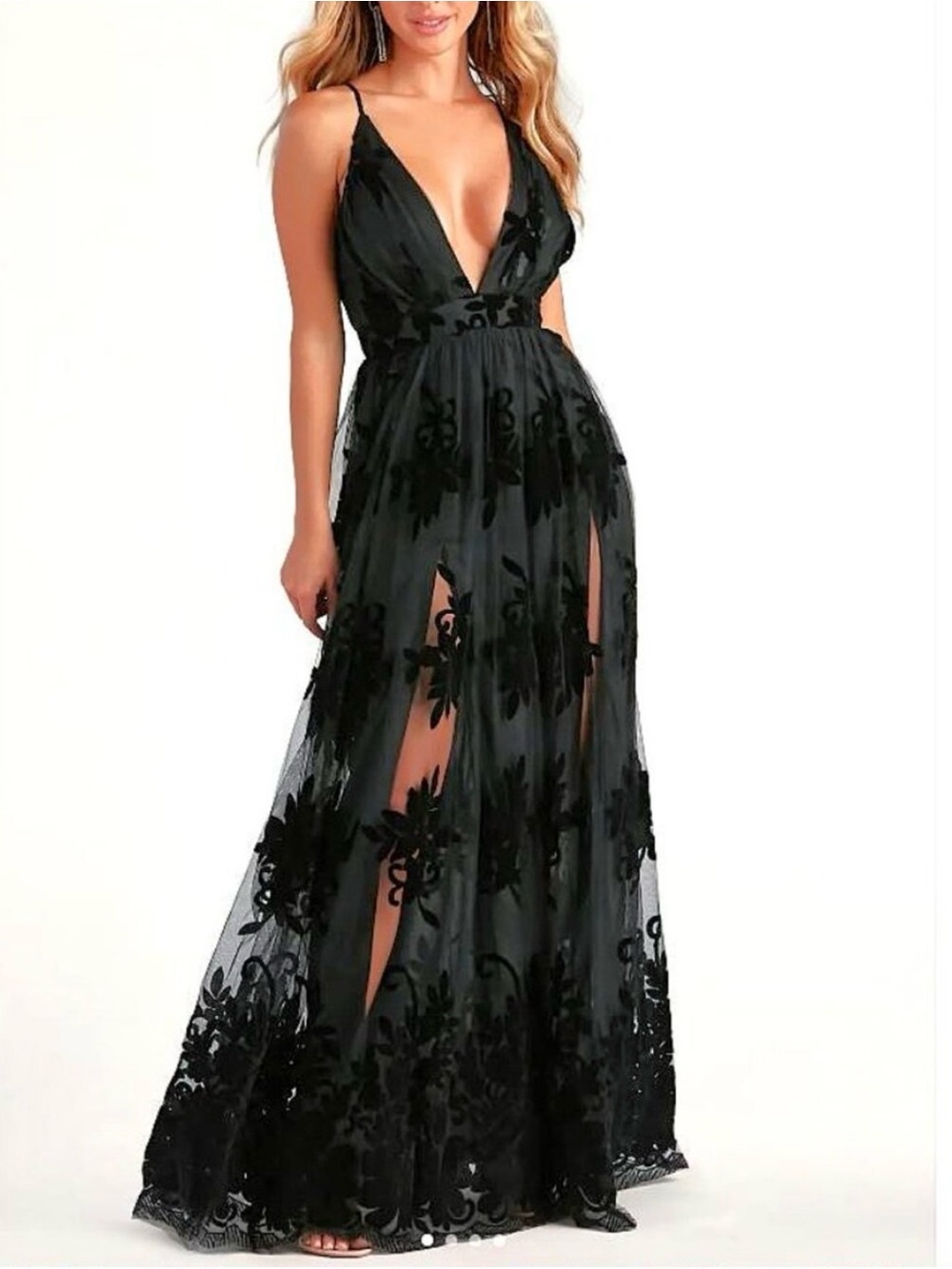 Windsor Black Floral Lace Plunge V-Neck Evening Dress